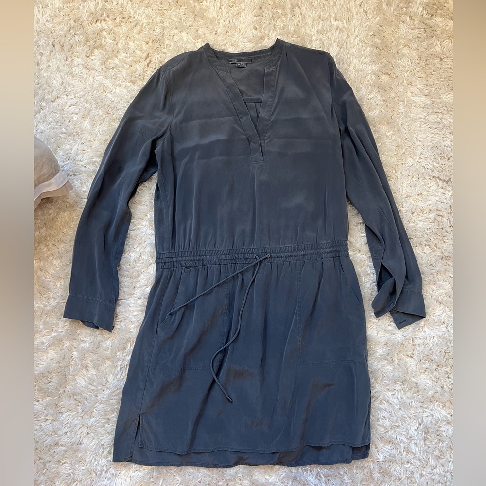 Blue-gray Long Sleeve Silk Dress with Pockets and Cinched Waist from Vince